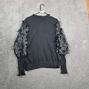 Sioni Milano Women Black Ruffled Mock Neck Leaf Sleeve‎ Sweater Size L